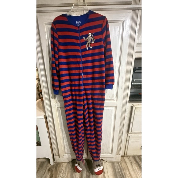 Nick Nora One Piece Sm Sock Monkey Pajamas Zip Union Suit Striped‎ Footie Fleece - Picture 1 of 6